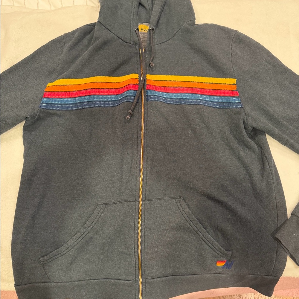 Aviator Nation Gray Hoodie with Rainbow Stripes